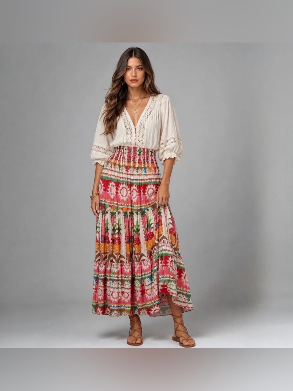Sundance Multicolor Tiered Smocked Skirt with Tropical Print
